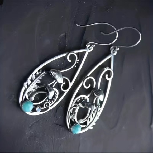 1 LEFT! Silver Bohemian Turquoise Drop Hoop Earrings - Picture 3 of 6